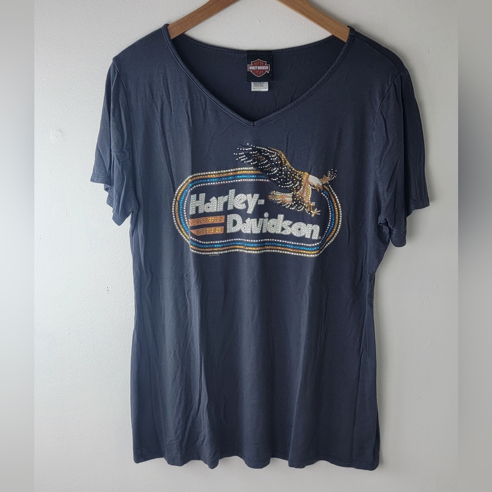 Harley-Davidson Women's Embellished Rhinestone Short Sleeve Shirt Eagle 2XL Gray